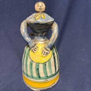 VTG Woman Pottery Bell Handmade Hand Painted Folk Art 2.25"x4.5"